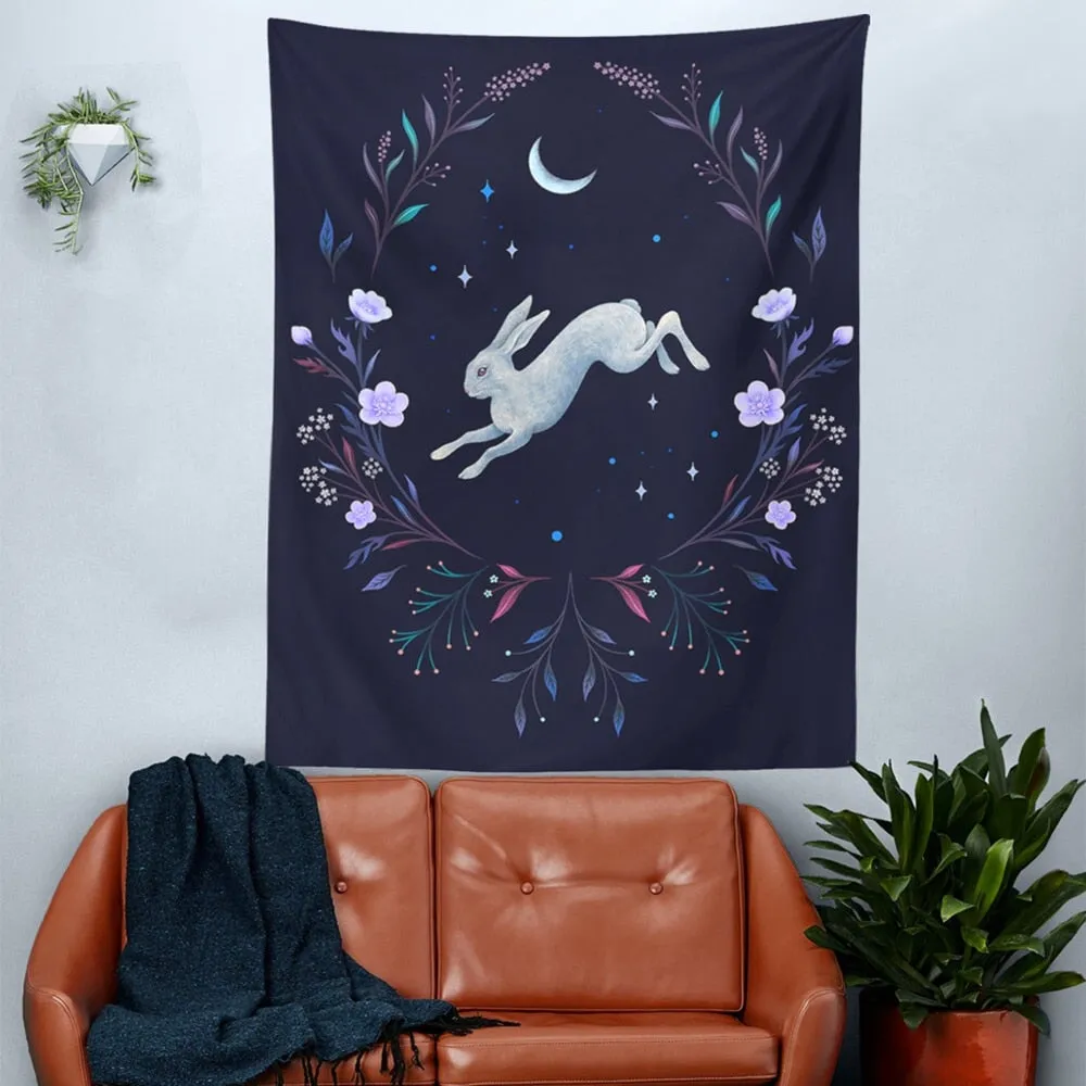 Moon Rabbit Tapestry Wall Hanging Hand Hippie Floral Witchcraft Decor Tapestries Indian Boho Mandala Wall Carpet Blanket