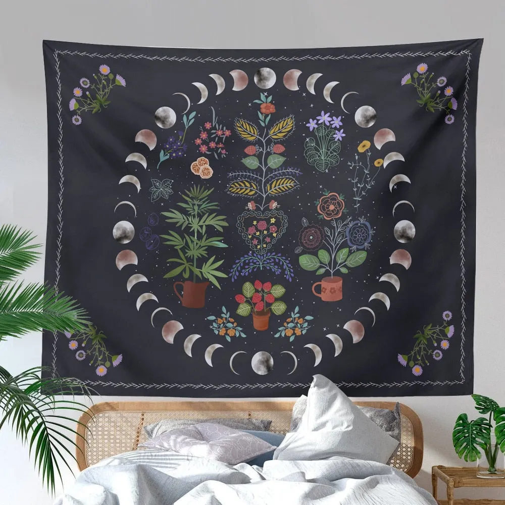Moonlit Garden Tapestry Moon Phase Tapestry Floral Tapestries Black Background Flowers Tapestry Wall Hanging for Room Home Decor
