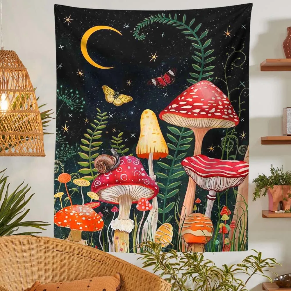 Mushroom Tapestry Moon and Star Tapestry Boho Vertical Tapestry Aesthetic tapestries Wall Hanging for Bedroom