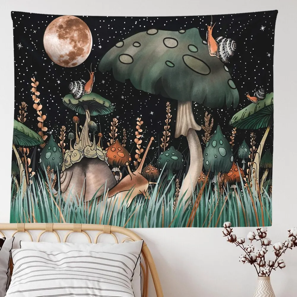 Mushroom Tapestry Moon and Stars Tapestry Snail Tapestry Fantasy Plants and Leaves Tapestry Wall Hanging for Room