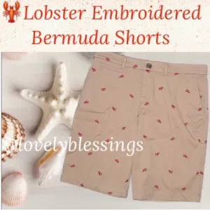 Nautical Shorts Lobster Crab Tan and Red Embroidered Bermuda Khaki Chino Shorts