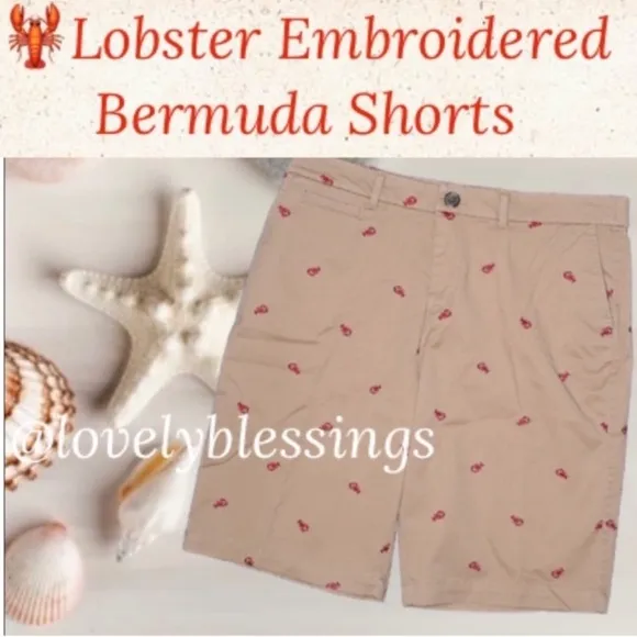 Nautical Shorts Lobster Crab Tan and Red Embroidered Bermuda Khaki Chino Shorts