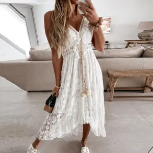 New Boho White Lace Beach Wedding Party Dress