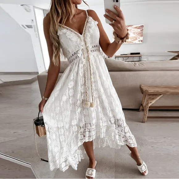 New Boho White Lace Beach Wedding Party Dress