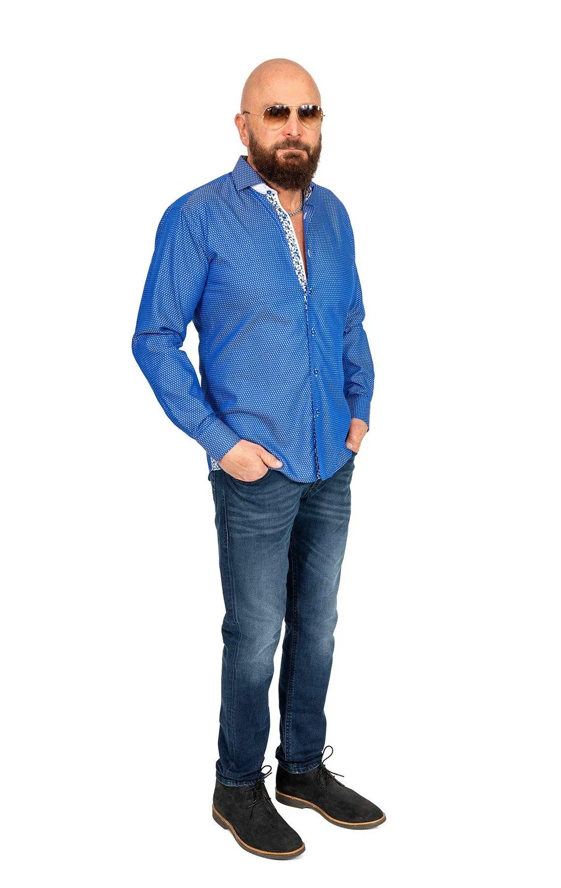Ocean Blue Shirt With White Patterned Trim