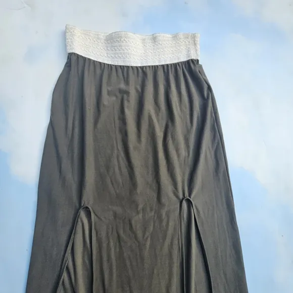 Olive Green Beach Maxi Skirt with Cool Crochet Waistband