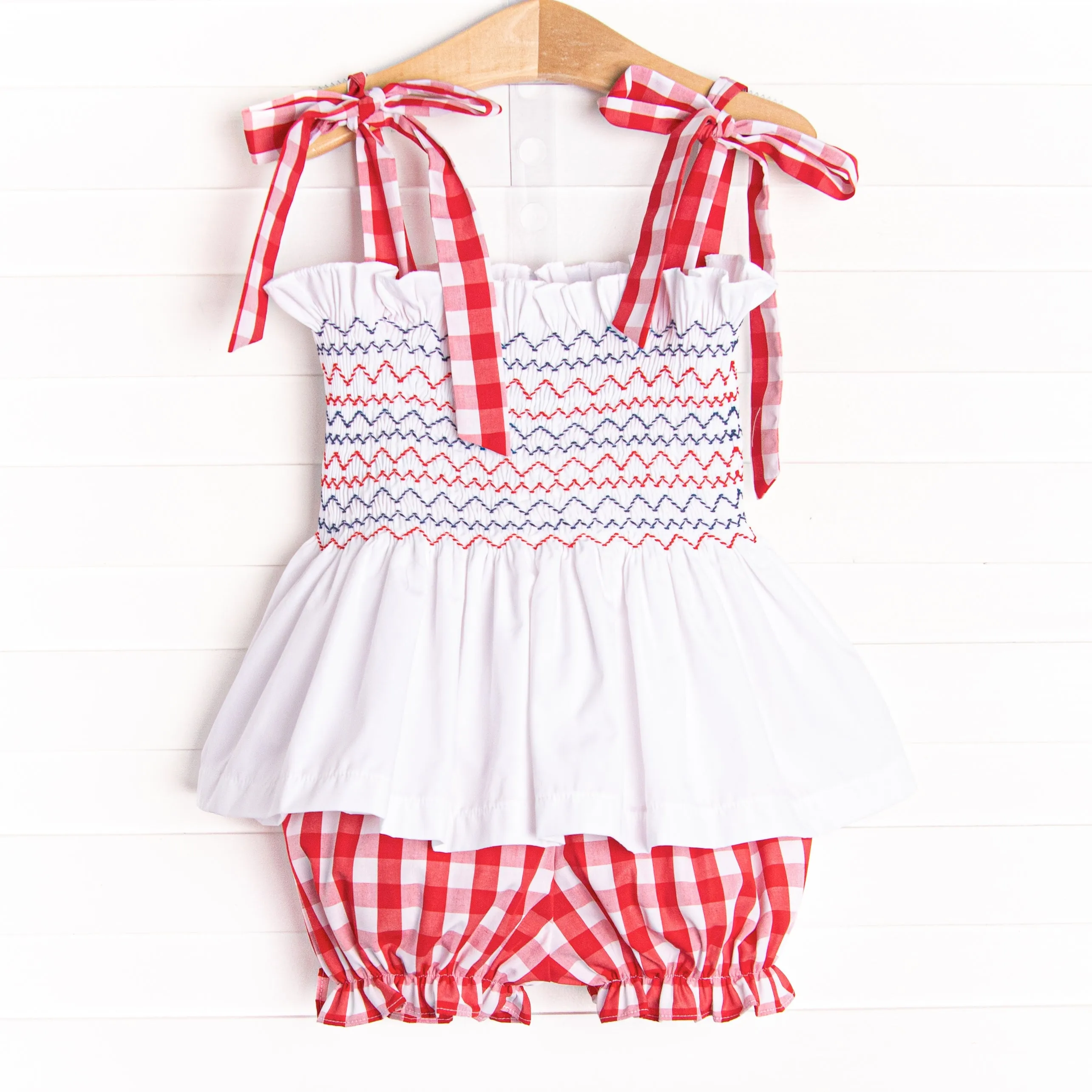 Patriotic Picnic Smocked Bloomer Set, Red