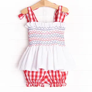 Patriotic Picnic Smocked Bloomer Set, Red