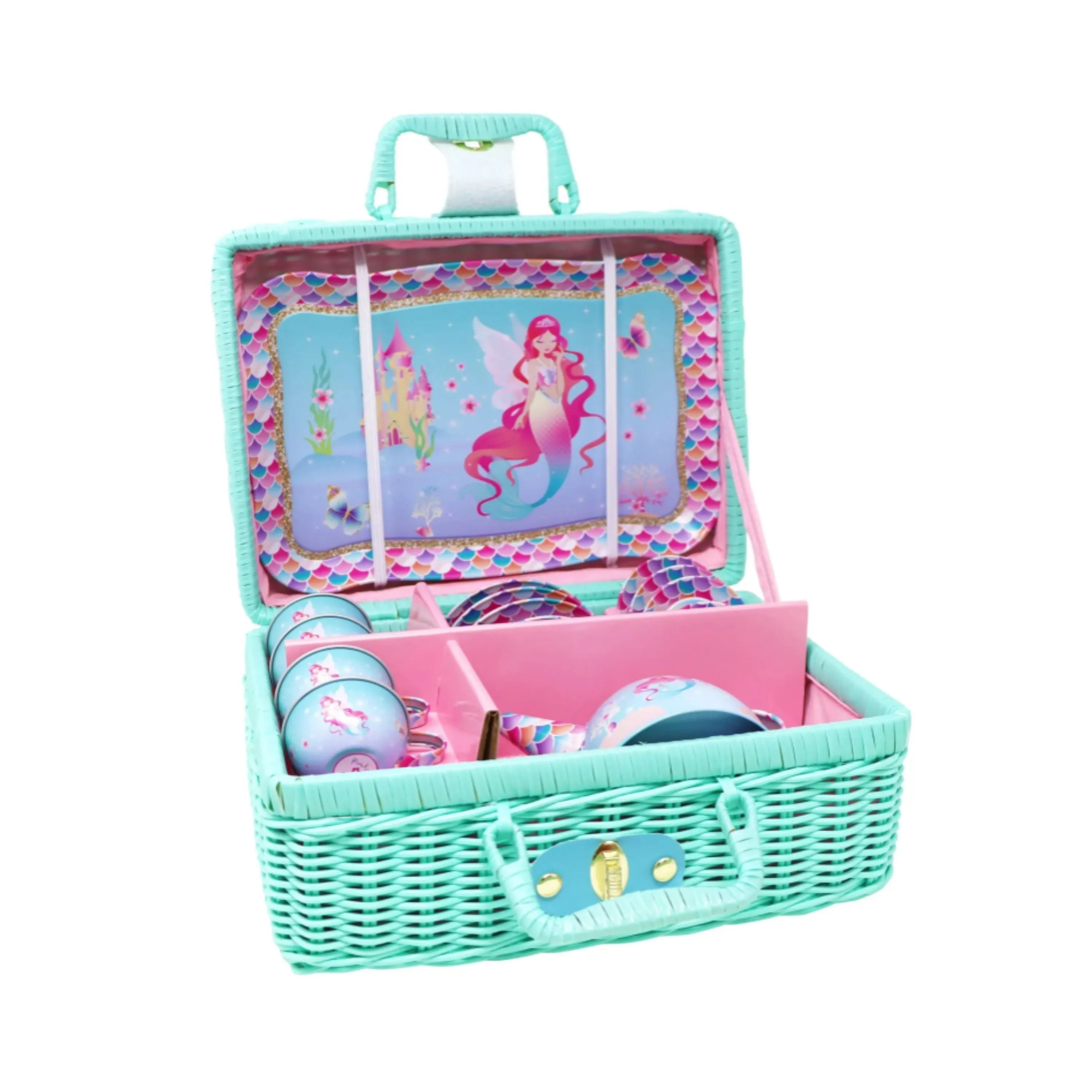 Pink Poppy Shimmering Mermaid Tea Set in Basket