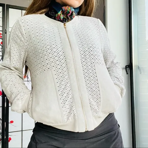 Pookie &amp; Sebastian Faux Suede FLOWER Symmetric Breathe Eyelet Ribbed Gray Jacket
