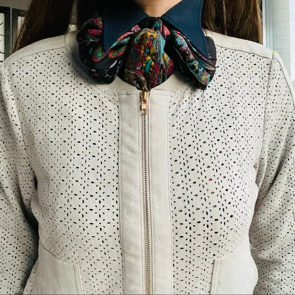 Pookie &amp; Sebastian Faux Suede FLOWER Symmetric Breathe Eyelet Ribbed Gray Jacket