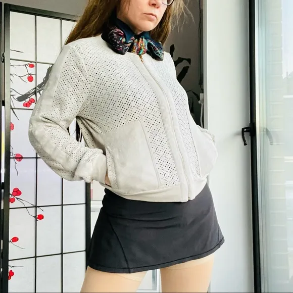 Pookie &amp; Sebastian Faux Suede FLOWER Symmetric Breathe Eyelet Ribbed Gray Jacket