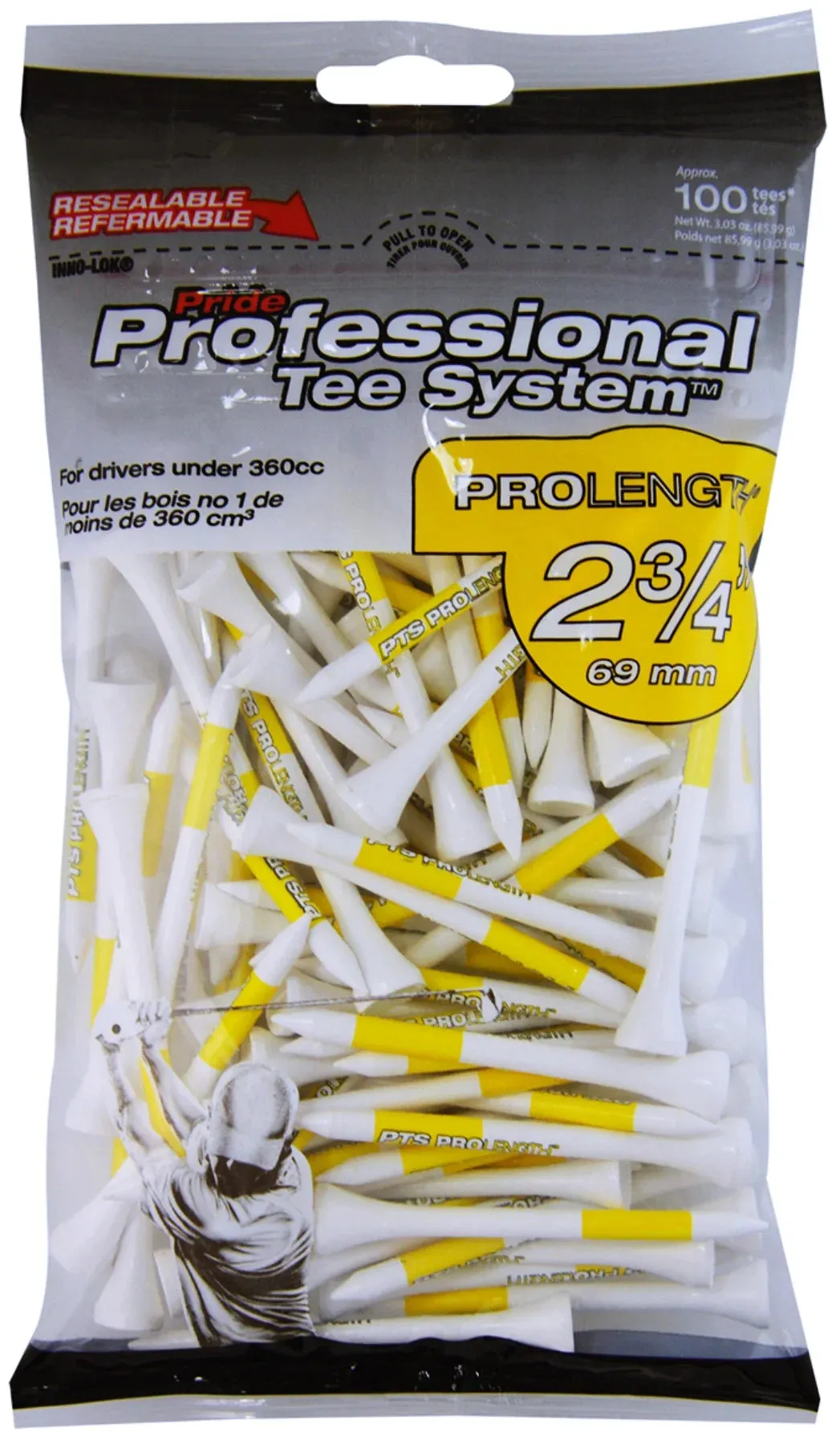 Pride Professional Prolength Wood Golf Tee, 2-3/4 Inch, Yellow/White, 100 Count