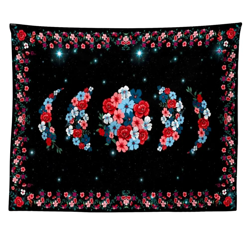 Psychedelic Floral Moon Phase Tapestry Flower Wall Hanging Sky Starry Carpet Dorm Tapestries Art Home Room Decor Aesthetic