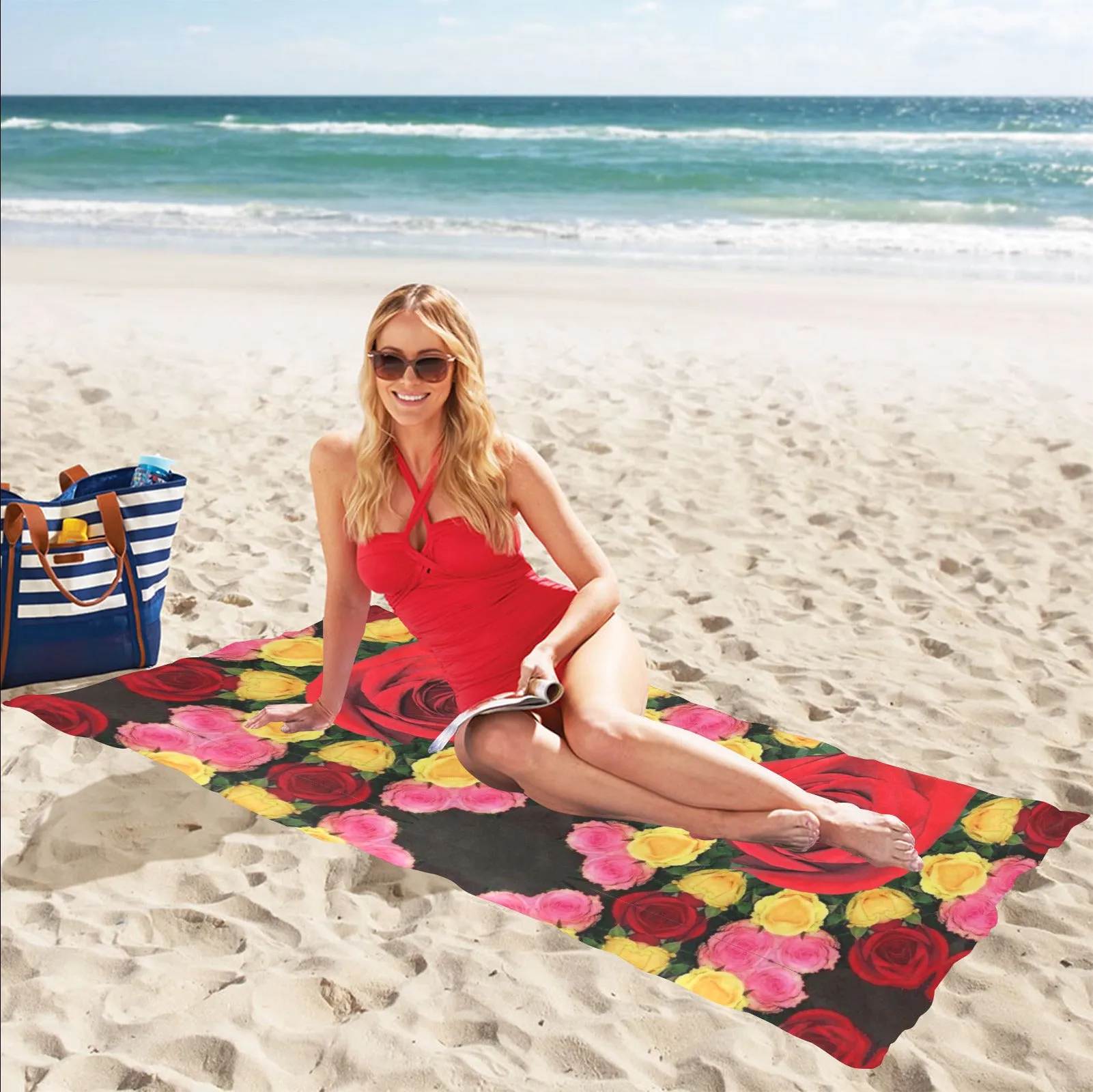 Red and Yellow Roses Beach Towel 32"x 71" (Made In USA)
