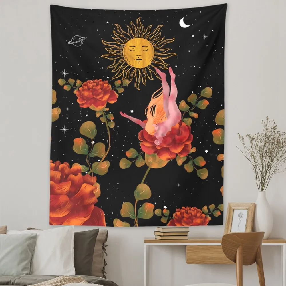 Rose Floral Girls Tapestry Wall Hanging Ancient Wall Tapestry Hippie Moon Night Tapestry Wall Carpets Psychedelic Tapestry