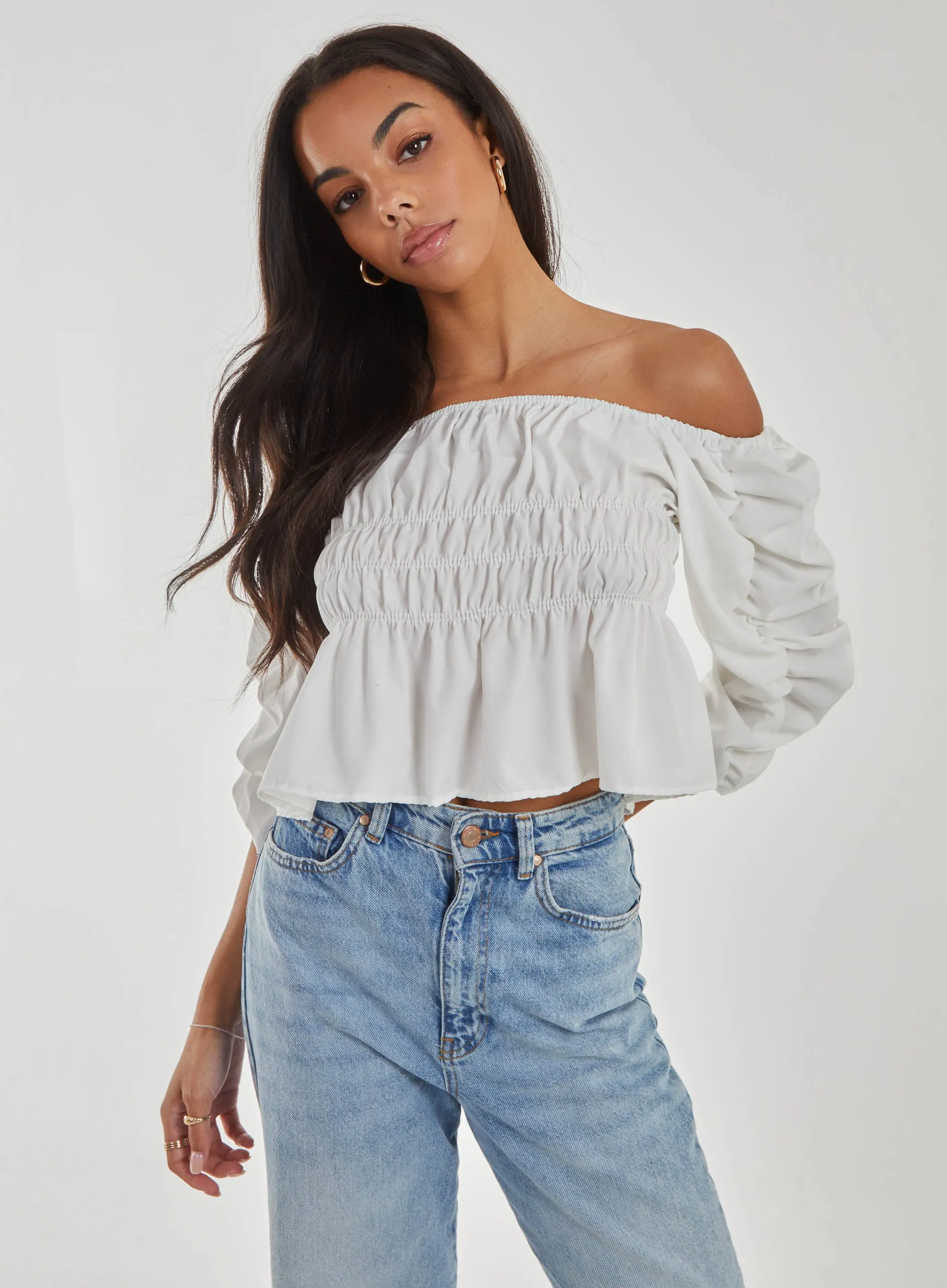 Shirred Detail Puff Sleeve Crop Top