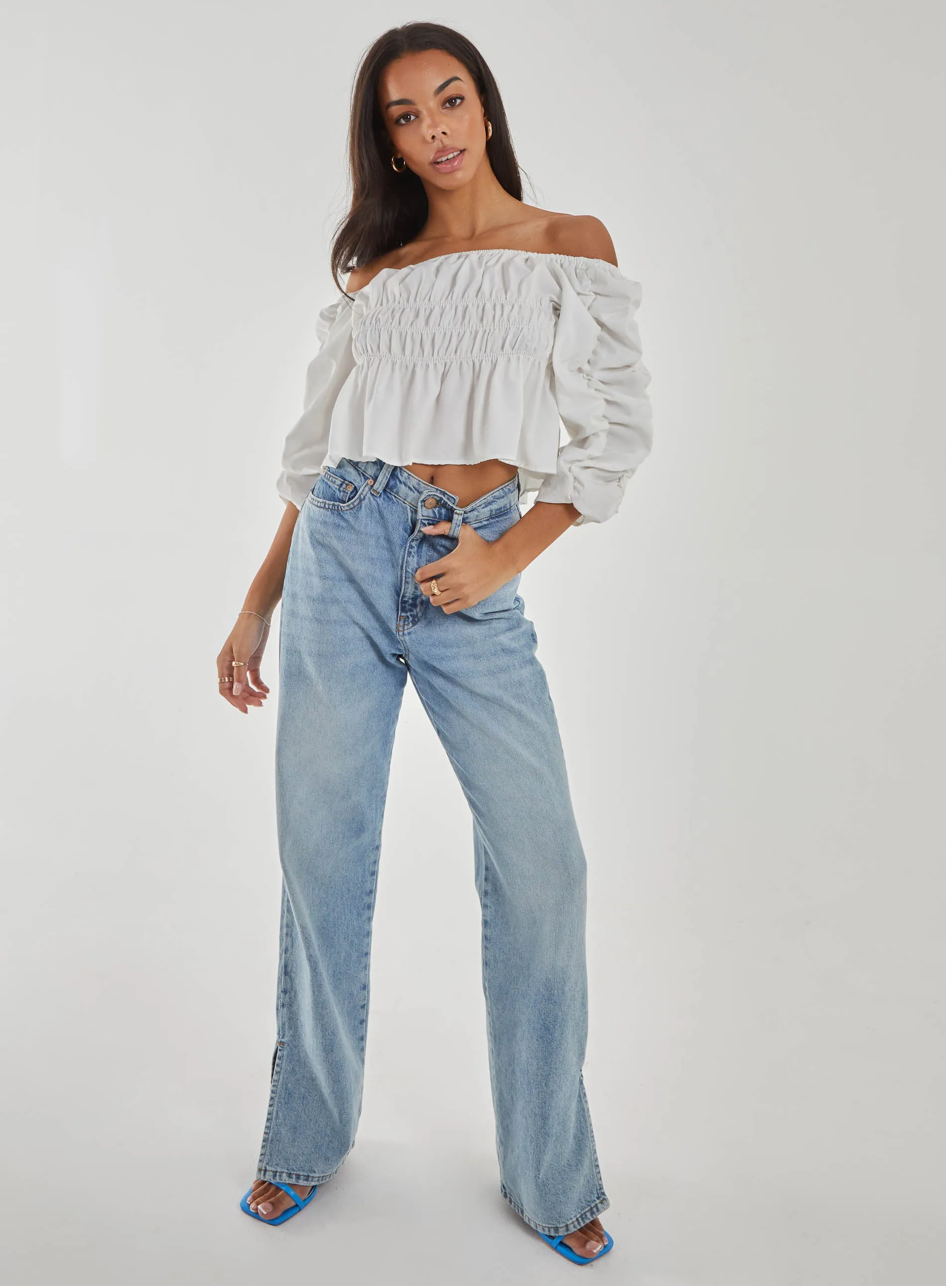 Shirred Detail Puff Sleeve Crop Top