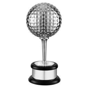 Silver Plated 15.5in Match Play Trophy - Prestige Golf Ball on Solid Wood Base