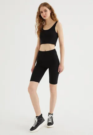 Siyah Pamuklu Slim Fit Kadın Büstiyer Şort Seti TOUCH BUSTIER SET