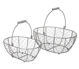 SLPR Grey Metal Round Wire Basket with Handle (Set of 2) | Vintage Rustic Farmhouse Country Style Metal Chicken Wire Storage for Shelves Pantry Closet Home Decor