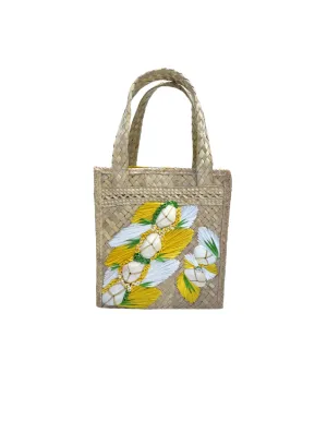Small Yellow and White Box Tote with Bahama Handprint Fabric Lining
