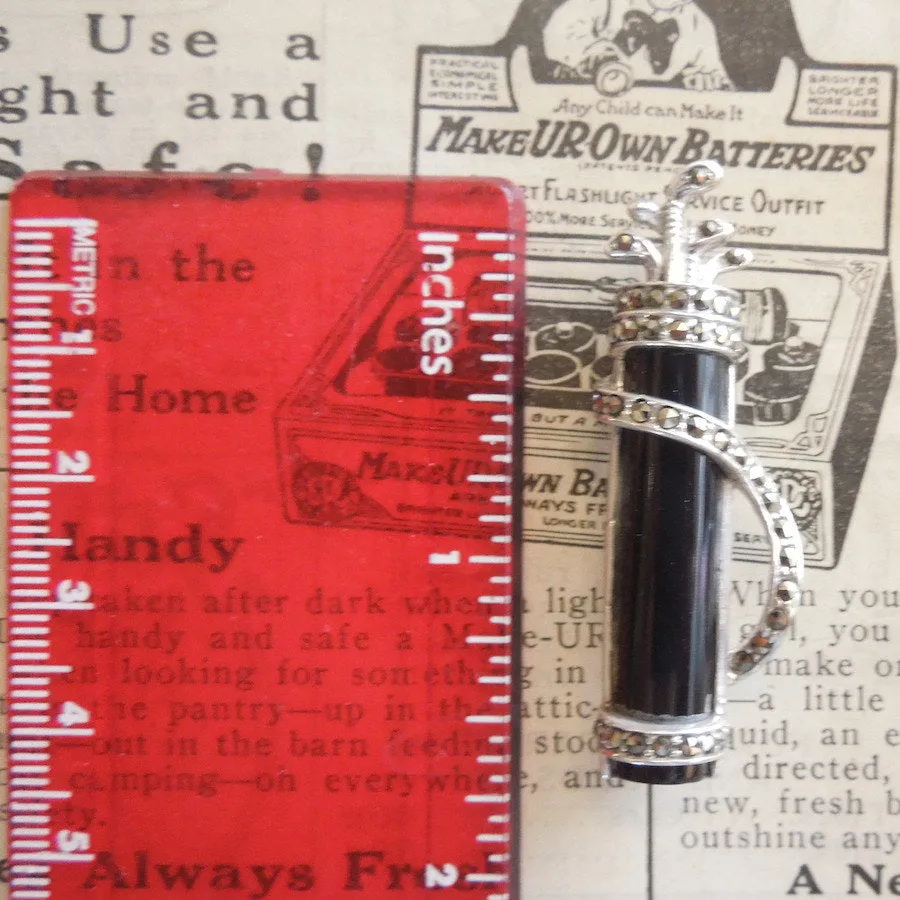 Sterling Silver, Marcasite, and Onyx Golf Club Brooch