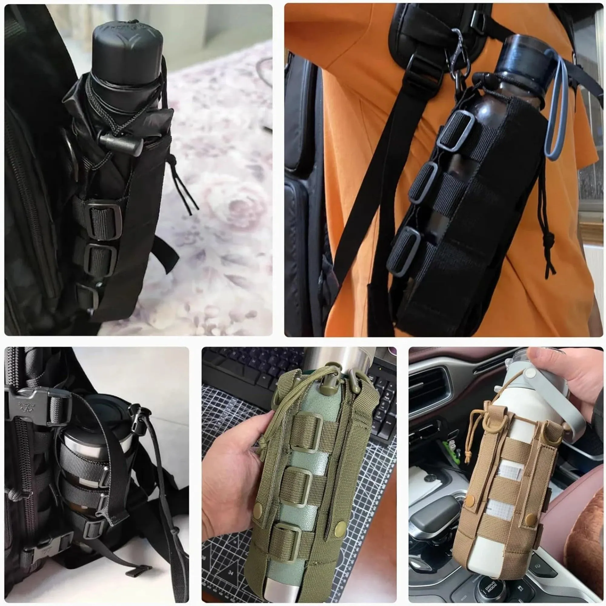 Tactical MOLLE Water Bottle Pouch – Outdoor Camping Hiking Hydration Bag with Carabiner Clip, Multi-Function Storage Holder for 500-800ml Bottles
