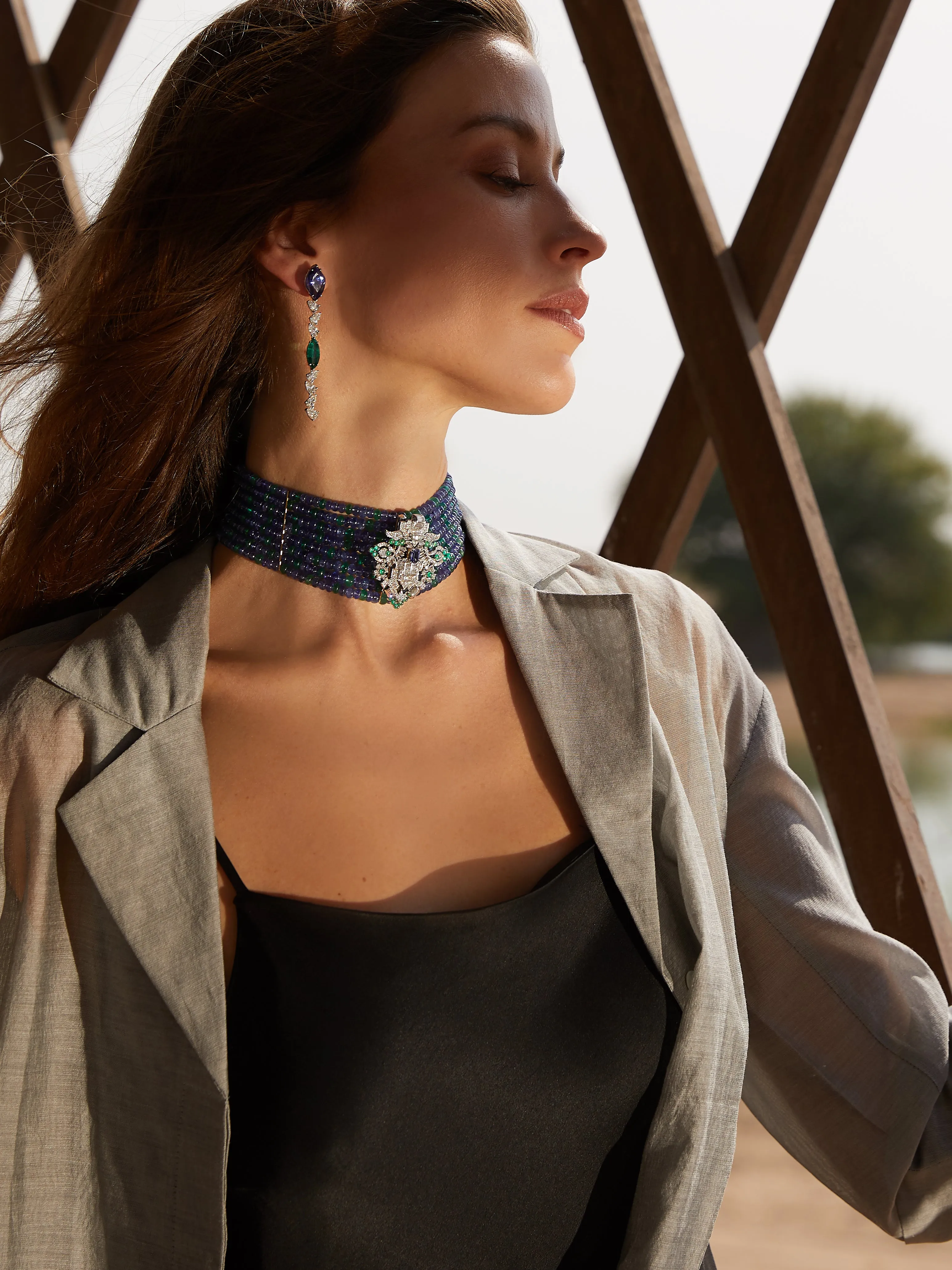 Tanzanite, Emerald, Diamond Choker (Convertible to Brooch)