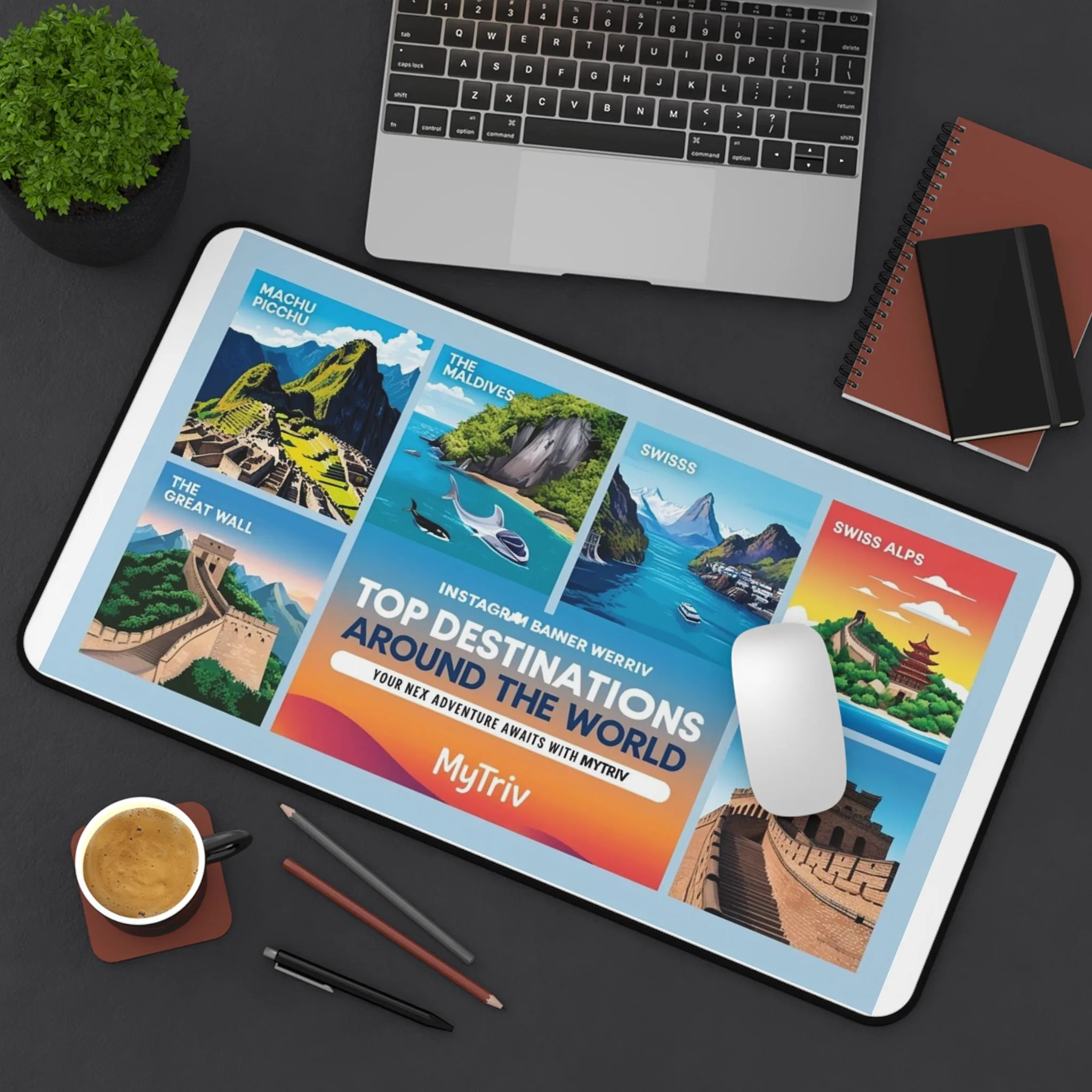 Travel Destinations Desk Mat - Colorful World Map Mat for Home Office or Study