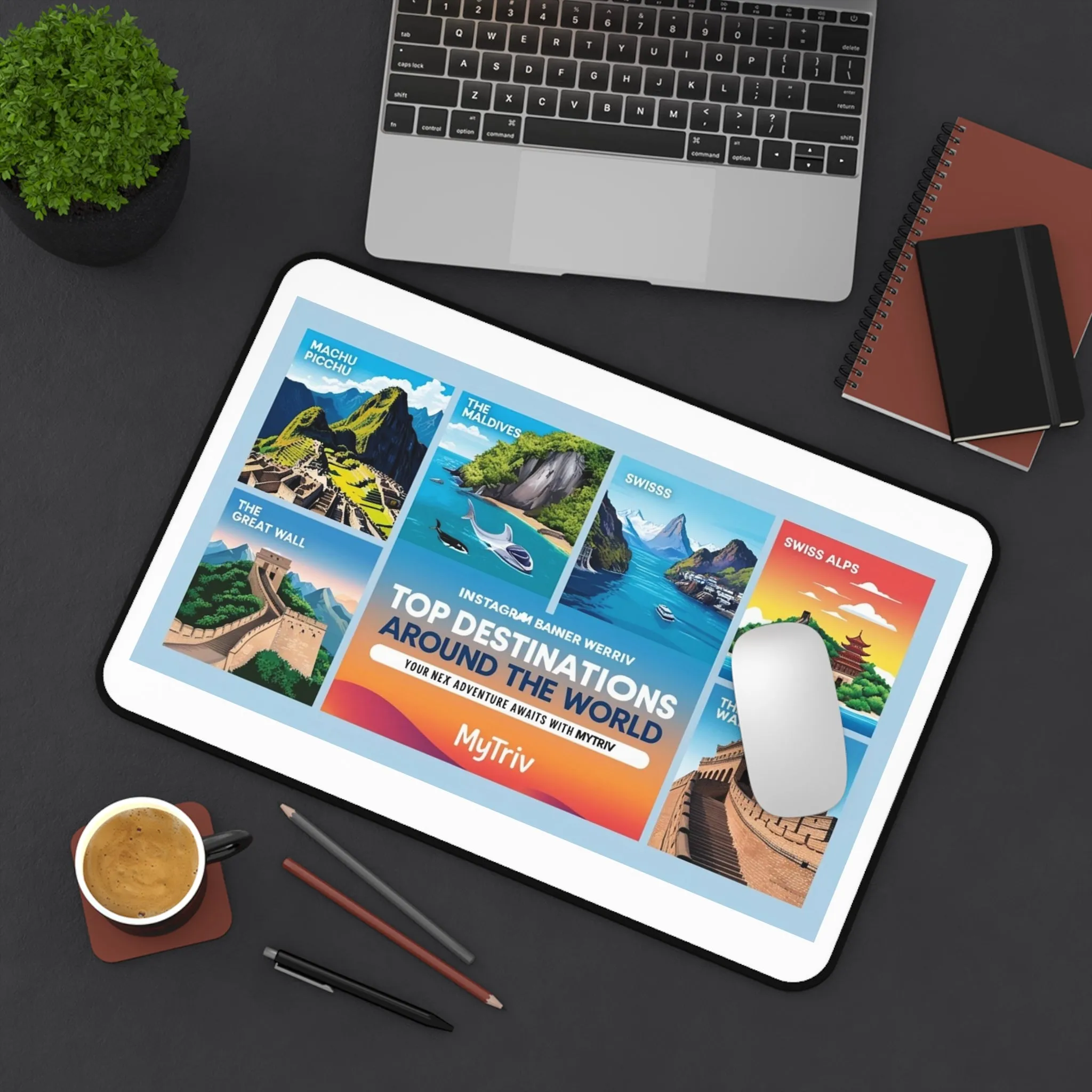 Travel Destinations Desk Mat - Colorful World Map Mat for Home Office or Study
