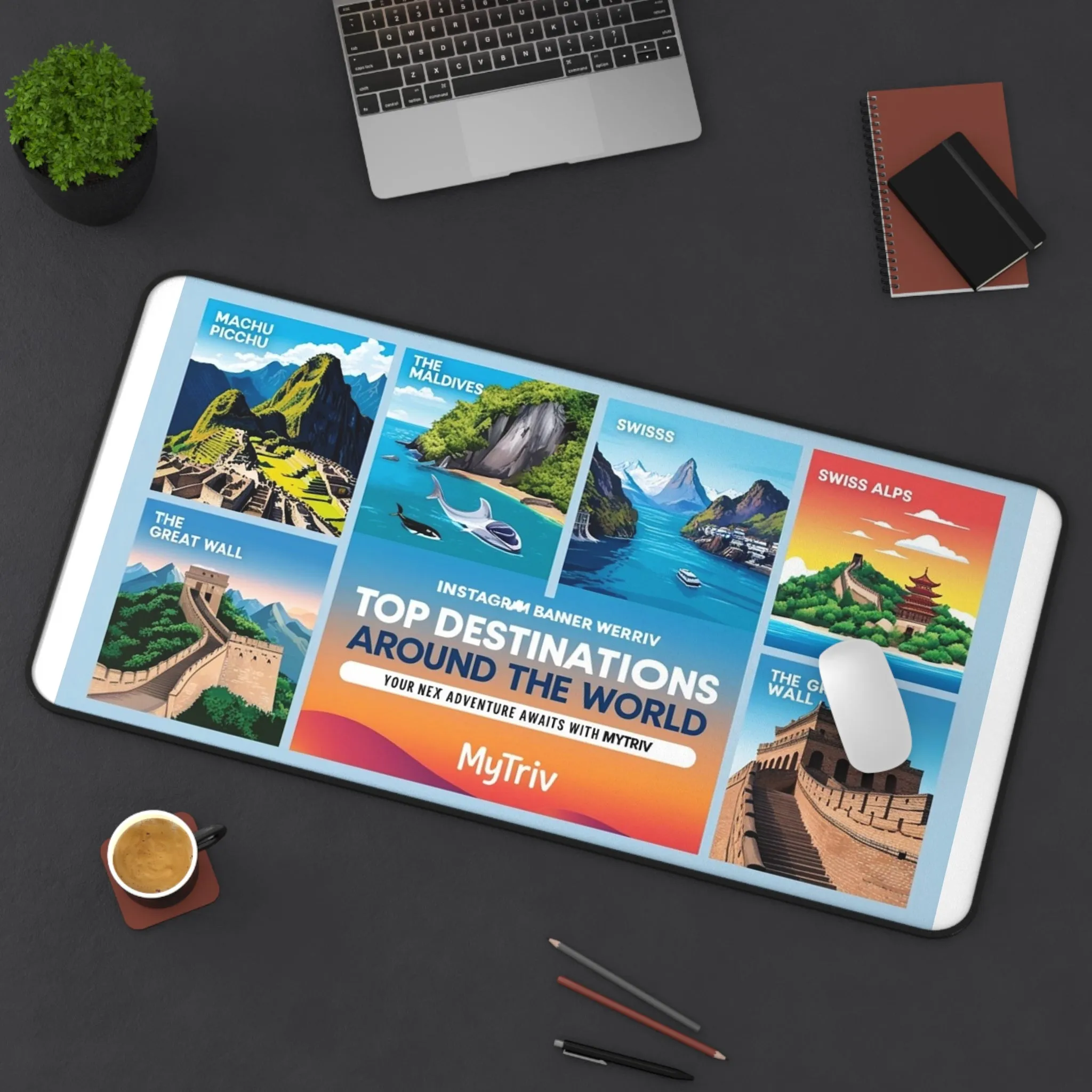 Travel Destinations Desk Mat - Colorful World Map Mat for Home Office or Study