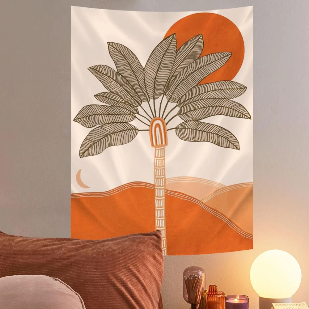 Tree Tapestry Moon and Sun Wall Hanging Desert Tapestry Warm Orange Beach Blanket Print Home Decor