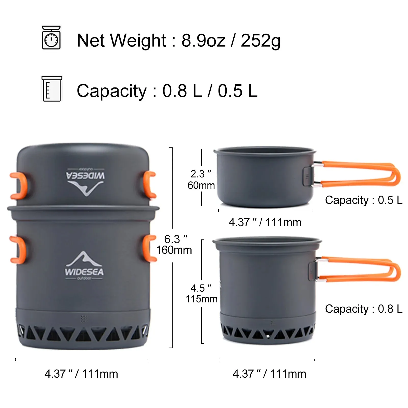 Widesea Camping Cookware Set | Heat-Exchanger Pots - Includes Kettle