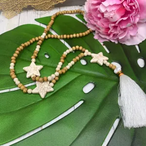 Wood Beads Necklace with White Magnesite and Stars and Cotton Tassel | Erika Williner Designs