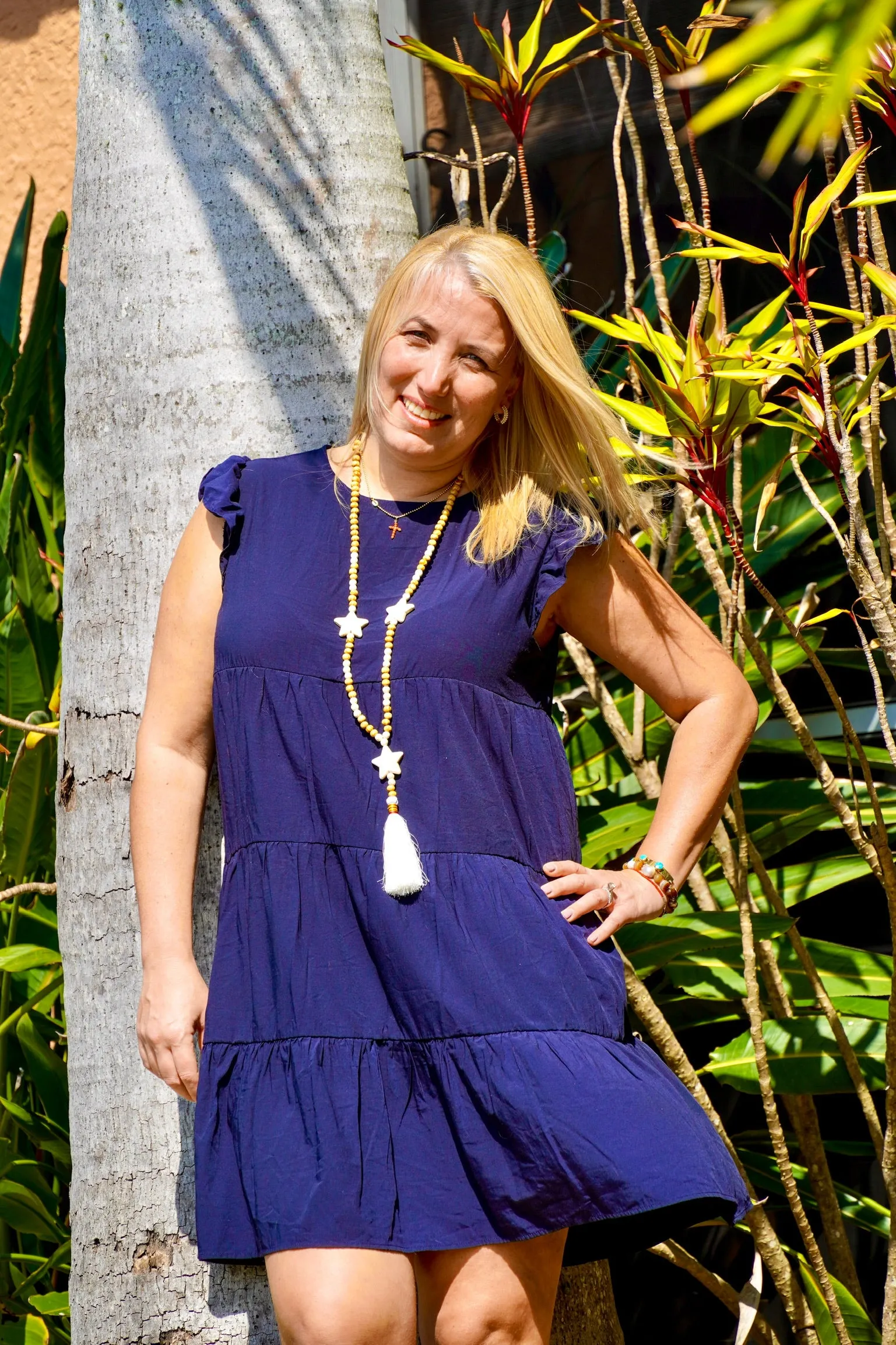 Wood Beads Necklace with White Magnesite and Stars and Cotton Tassel | Erika Williner Designs